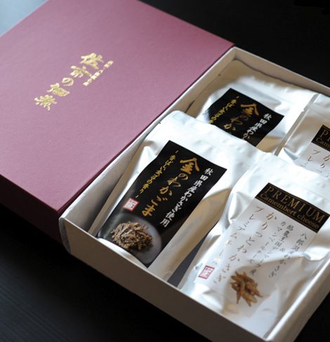 「佐市の佃煮」アルミ袋詰合せ(かりっとわかさぎプレミアムチーズ50g*2袋、金のわかごま80g*2袋)